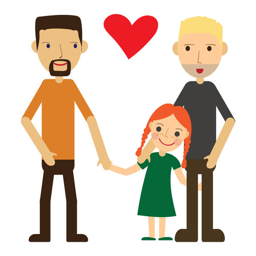 Vektor af regnbuefamilie bestående af far, far og barn med et hjerte imellem dem.