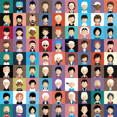 Farverig grafik med mange forskellige typer mennesker inddelt små kasser